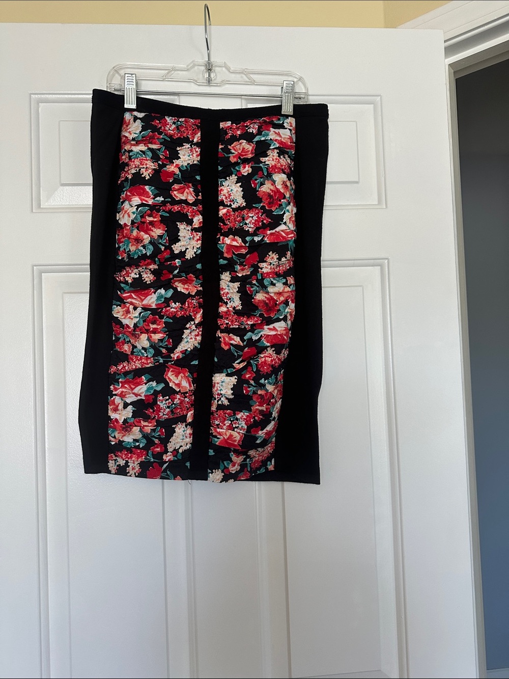 Bailey 44 Black Pencil Skirt with Red Floral Center Panel